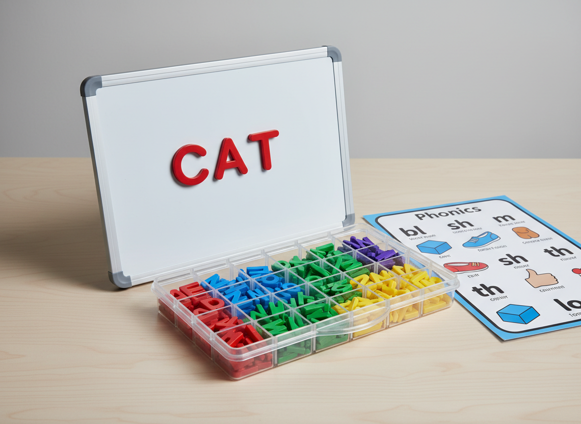 A perfectly aligned phonics workstation on a pale birch table, photographed in crisp detail at eye level. A sturdy plastic letter tray holds rows of magnetic letters, carefully sorted by color and vowel sound, with a pristine white magnetic board standing behind it, displaying a short, clearly spelled CVC word. Beside the tray lies a laminated phonics chart with bold, readable fonts and simple illustrations. Soft studio-style lighting from above and slightly to the right creates clear, professional illumination with faint, controlled shadows that add depth without distraction. The overall mood is focused and methodical, with a clean, clinical sharpness and photographic realism that highlights the systematic nature of teaching children to read.