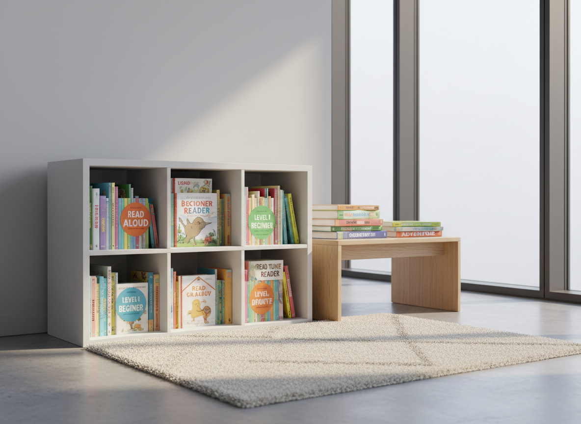teaching reading A low, angled photographic shot of a modern reading corner designed for children, featuring a small white bookcase filled with neatly aligned beginner readers, each spine bright and clearly labeled. A plush, neutral-toned rug anchors the space beside a simple, light wood side table that holds a stack of leveled reading books with color-coded stickers. Large, floor-to-ceiling windows along the back wall bathe the scene in soft afternoon light, creating gentle highlights on the book covers and subtle shadows along the floor. The mood is warm, structured, and welcoming, with straight lines, uncluttered surfaces, and a balanced composition that emphasizes a professional yet child-friendly reading environment.